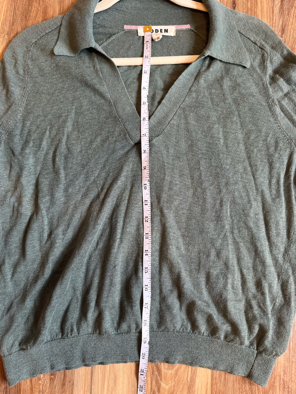 Boden Agnes Collared Linen Jumper V Neck Sweater Green Jasper Sz Large - Picture 7 of 10